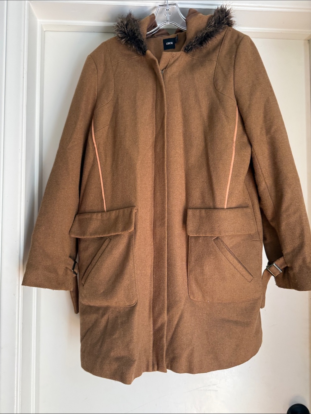 ASOS Camel Brown Hooded Pea Coat with Faux Fur Trim
